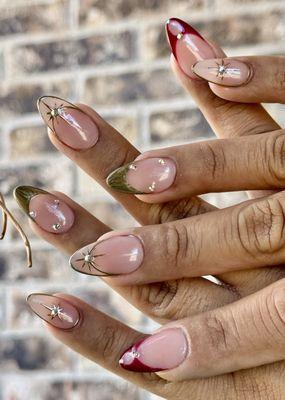 Custom hand drawn nail art with gold, jewels acrylic set