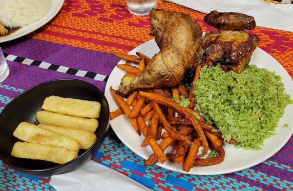 1/2 chicken with 2 sides - sweet potatoes & cilantro rice. Fried cassava added in for the picture.