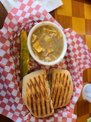 Chicken, bacon, ranch panini with chicken and white bean soup. Very good!