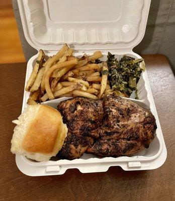 1/2 Chicken Platter with french fries, collard greens and a roll