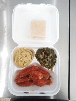 Hot wing meal with collard greens and dressing...Delicious as well...