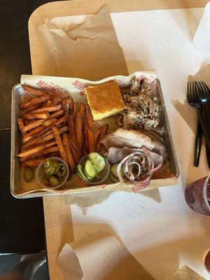 Pulled pork, brisket, sweet potato fries & corn bread