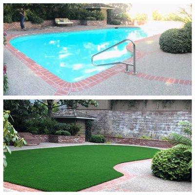 before and after pool demo with artificial grass installation