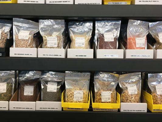 In store packaged seeds, nuts, grains and legumes