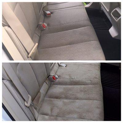 Before and after photo. We can save the day when it comes to back seat spills and stains!