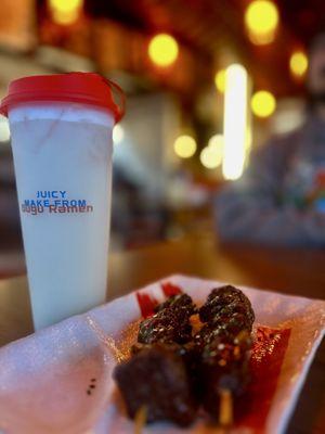 Beef Skewer & Lychee Yakult