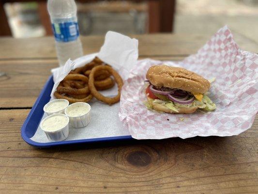 Quarter Pound Walker Burger and amazing onion rings