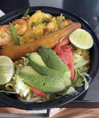 Steam Shrimp with onions & bell peppers , yellow rice, salad, plantains & avocado.