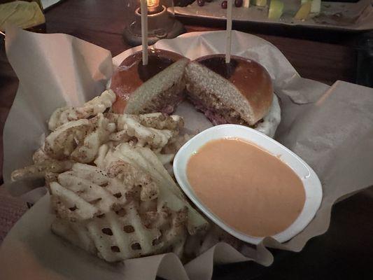 Hamburger and waffle fries, Wagyu Burger