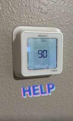 This photo is of an AC controller, showing that the indoor temperature is 90 degrees at 5.32 pm.