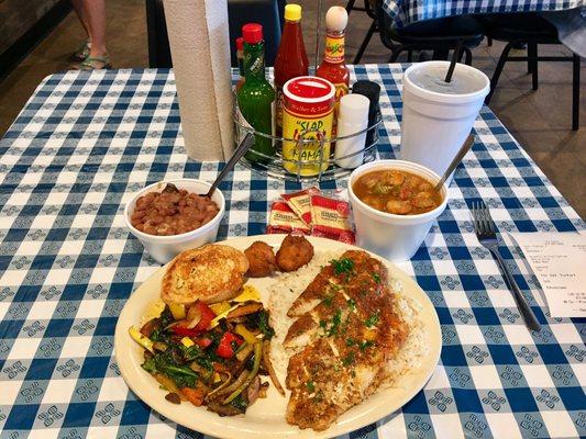 Shrimp, Crawfish, and Sausage Gumbo and the House Favorites Grilled Catfish with fresh sautéed veggies and red beans and rice.