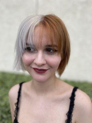 Split dyed and shaggy lob cut by Kim