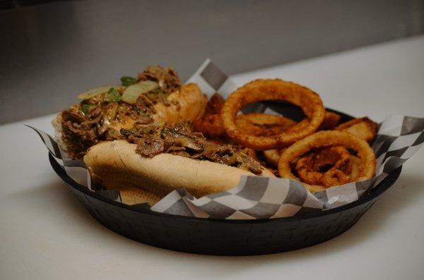 Philly cheesesteak w/ Onion Rings