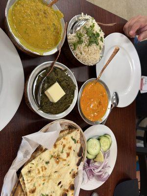Garlic naan, butter chicken, saag, yellow daal