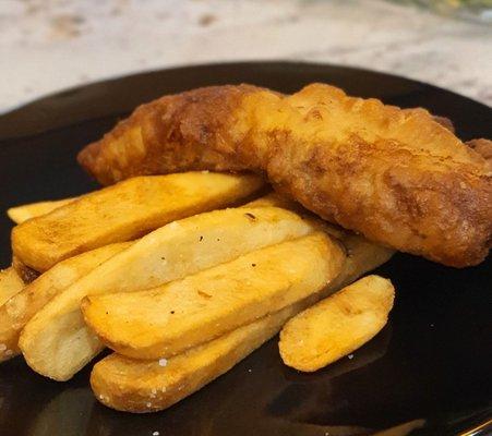 Fish and chips plated at home. Mmmm.