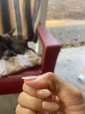 Concave, paper thin 'hard gel overlay'.