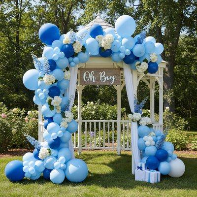 A cozy gazebo decorated with blue and white balloons, creating a joyful atmosphere - the perfect setup for a Baby Shower!