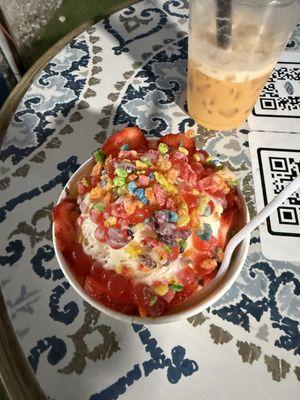 Fruity pebble bingsu with condensed milk drizzle