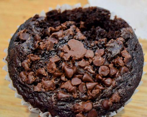 Double chocolate chip muffin (with a bite taken)