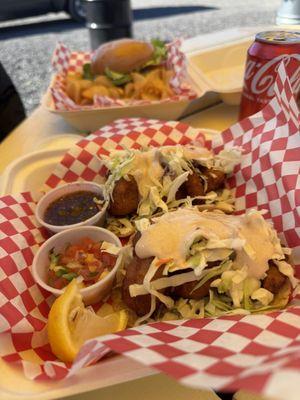 Double burger, shrimp tacos