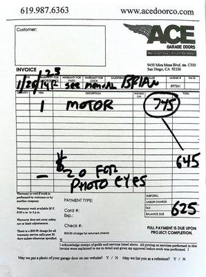 The invoice that Brian gave me. He had quoted me $650 several times. I think its says 1 year warranty and $745.