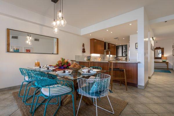 View of the dining room into kitchen.
