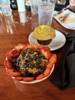 Yogurt parfait and pistachio muffin