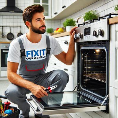 A technician working on a stove in a modern kitchen.