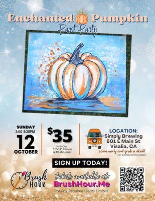 This pumpkin is simply enchanting!
Come join us at Simply Brewing in Downtown Visalia on Sunday, 10/12 3:00-5:30 pm. No art skills needed!