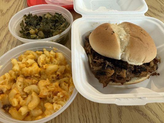 Pulled Pork Sandwich, Mac n Cheese, Collard Greens