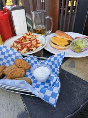 Cheeseburger, french fries (mountain), jalapeño poppers.