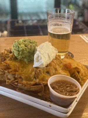 Carnitas nachos and Lone Tree Mexican Lager