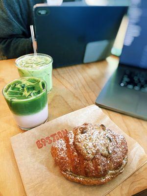jam matcha latte, pistachio croissant