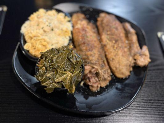 Jerk, chicken, wings, everything greens, and mac & cheese cheese