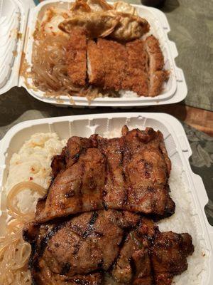 Spicy pork and combo plate with chicken katsu and fried mandoo
