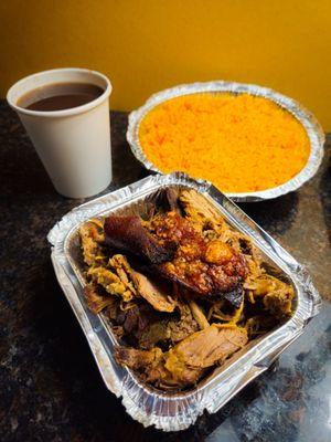 pernil, yellow rice, black beans