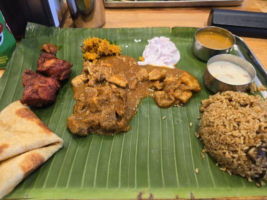 Unlimited weekend pandhi meal with mutton biryani (they bring you more of anything you want and add more items than as pictured here)