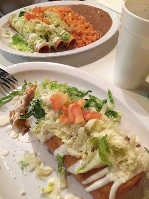 Chicken chimichanga was so so so good (and chicken rolled tacos in back, also good.)