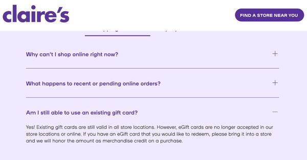 Claire's own website explaining the gift card policy the store refuses to honor.