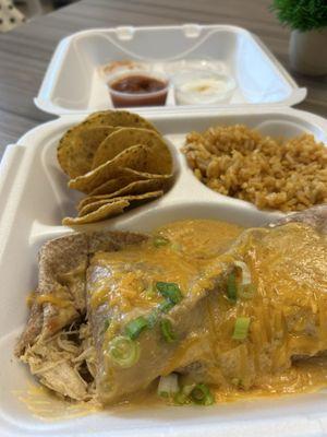 Chicken Burrito with rice and chips