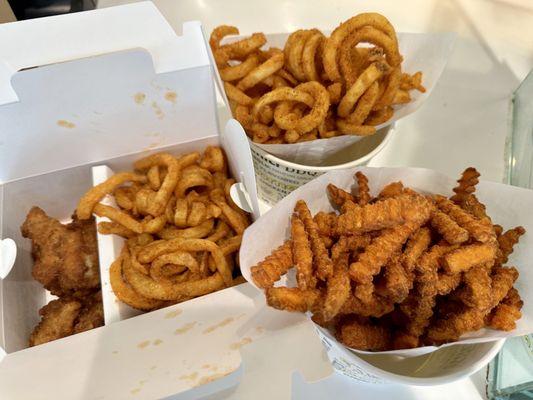 Chicken combo, bbq curly fries, bbq sweet potato fries