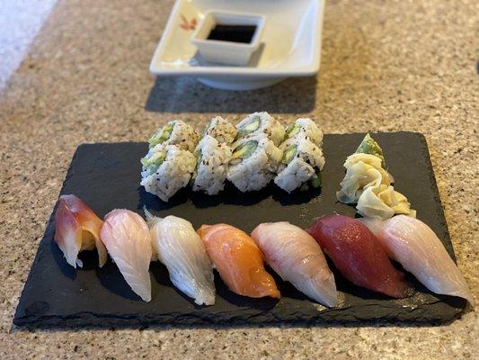 7-piece Nigiri & California Roll (- faux crab). Ate the 5 (great tasting) ones to the right - not the red snapper & the non-fish one.