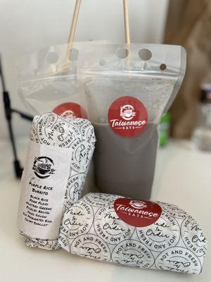 Purple rice burrito with pork floss, sticky rice roll with swordfish floss, black bean soy milk, soy milk