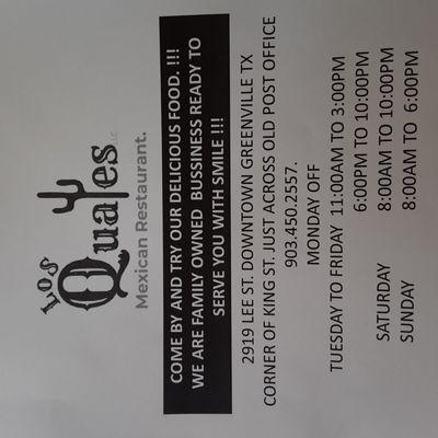 Los Quates Mexican resturant: quesadillas, Chile rellenos, Burritos, tamales Enchiladas y much more...