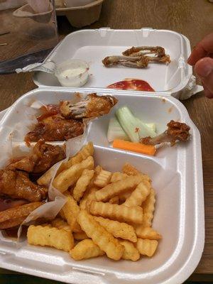 Destroying a plate of Sweet Chili Wings lol. 1. Ten Piece Wings with Fries; sweet chili flavor, extra crispy fries