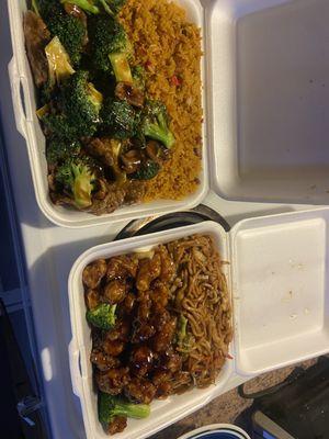 Fried rice, Beef With Broccoli, Vegetable Lo Mein, General Sto's chicken