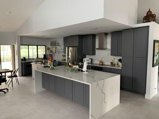 Full kitchen remodel with waterfall island.