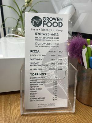 Pizza Menu
