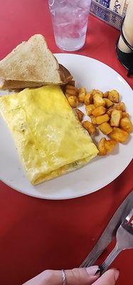Bacon and Cheese omelet, home fries