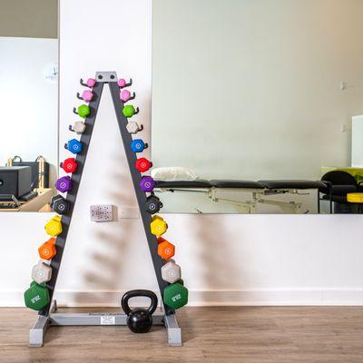 Rack of weights used during physical therapy sessions with clients.